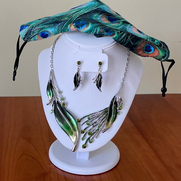 Adorable Peacock Necklace, Earrings, & Cotton Face Mask Set - Picture 7 of 12